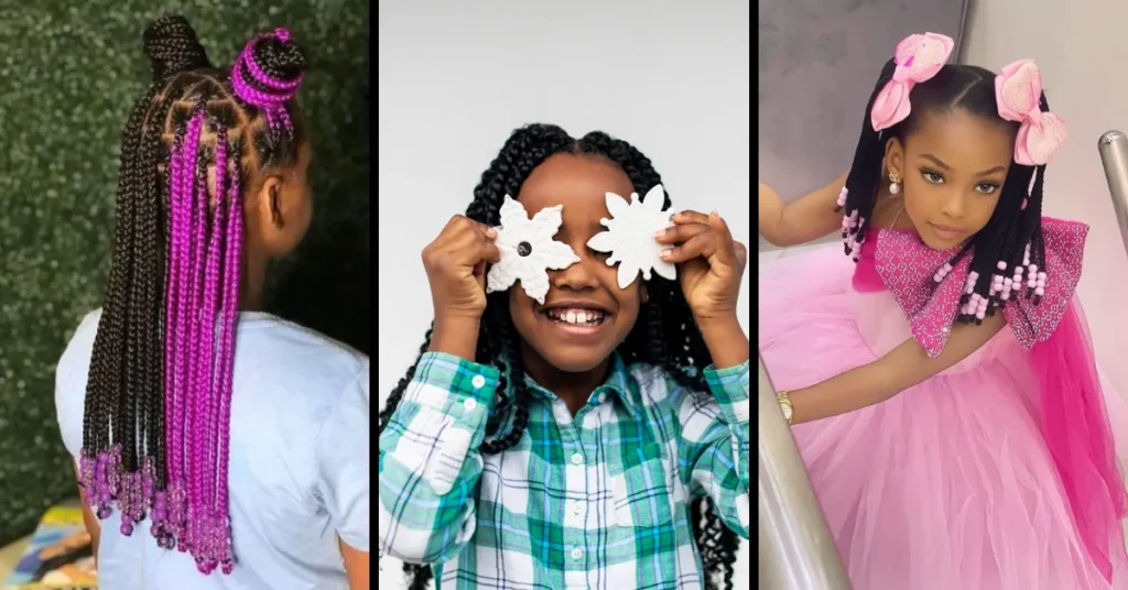 Three children with braided hairstyles showcase colorful accessories, including beads, bows, and flower clips.