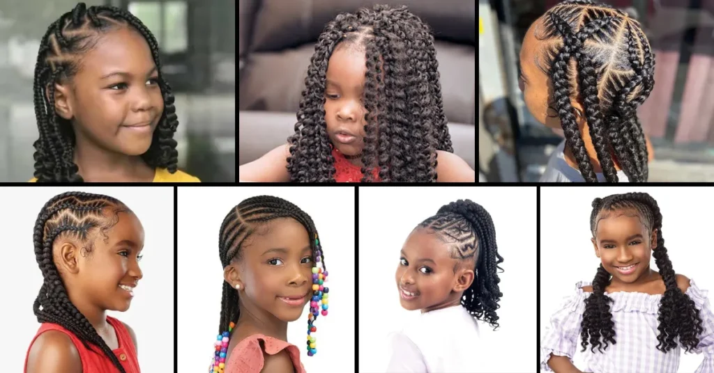 Collage of six young girls with various braided hairstyles, showcasing different protective braids for kids.