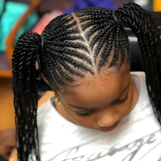 Child with detailed cornrow braids tied into two ponytails at Uniq Braiding Salon.