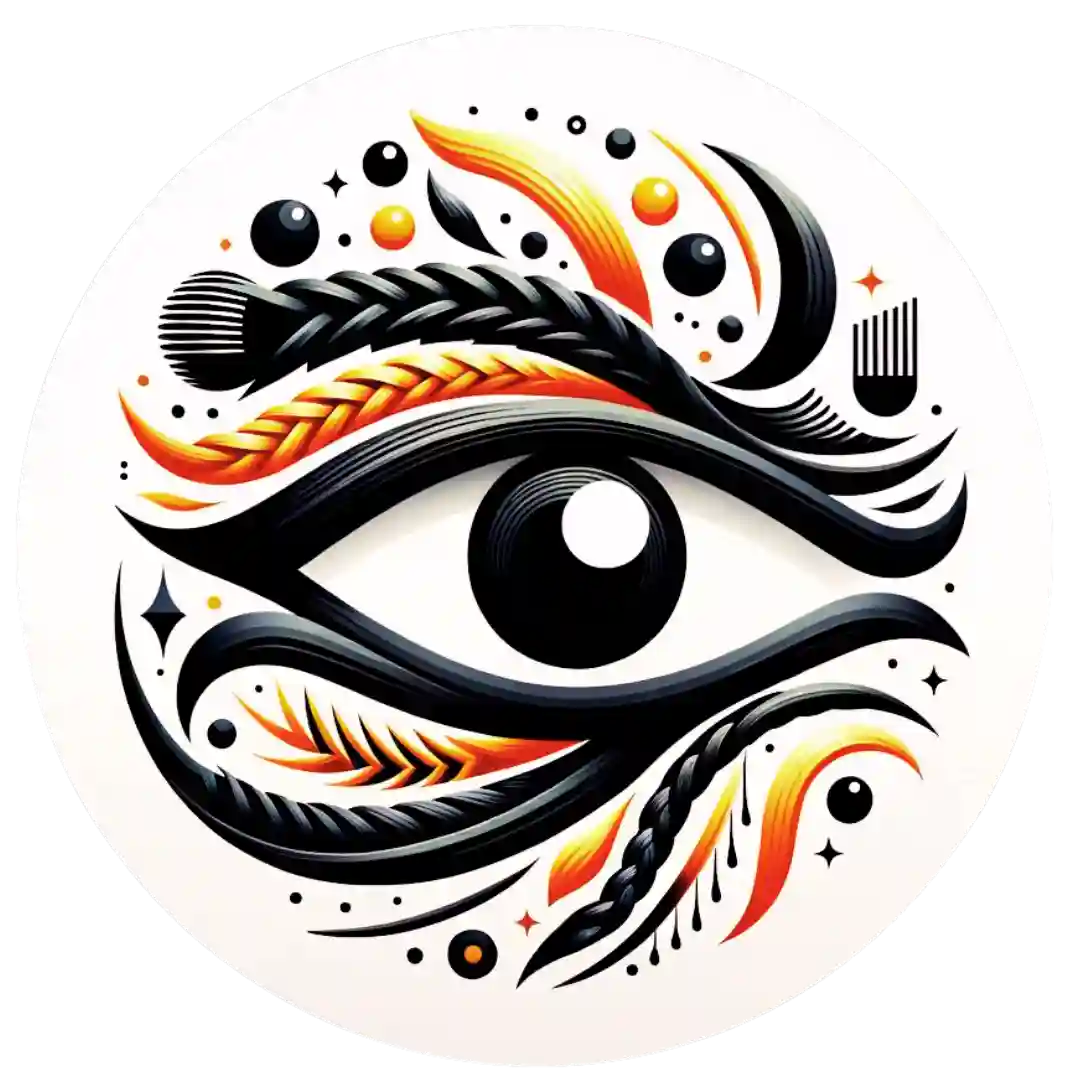 Stylized eye with intricate braids and decorative elements in black, orange, and yellow, representing vision and creativity.