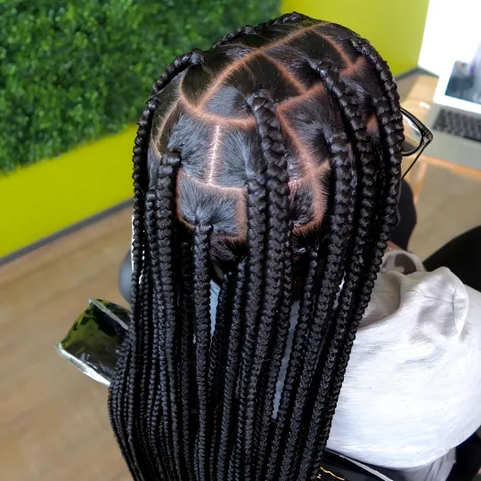 Close-up of a client's freshly done box braids with neat parting and precise braiding.