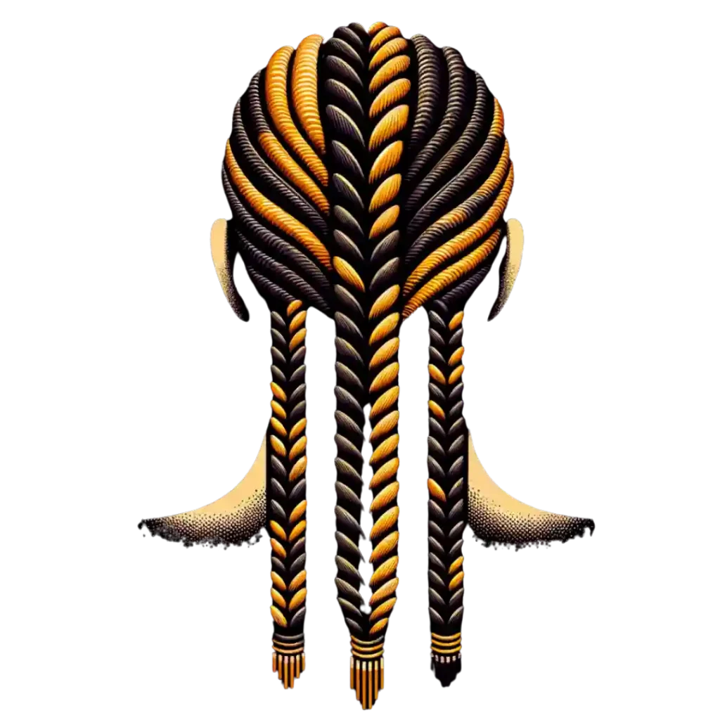 A stylized illustration of intricate hair braids in black and orange hues.